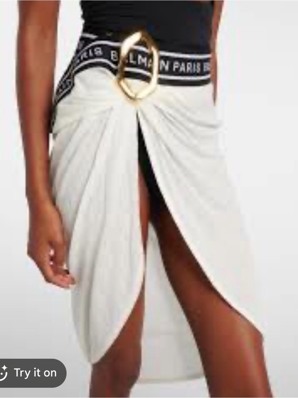 Balmain Cream Skirt with Black Branded Waistband and Gold Ring